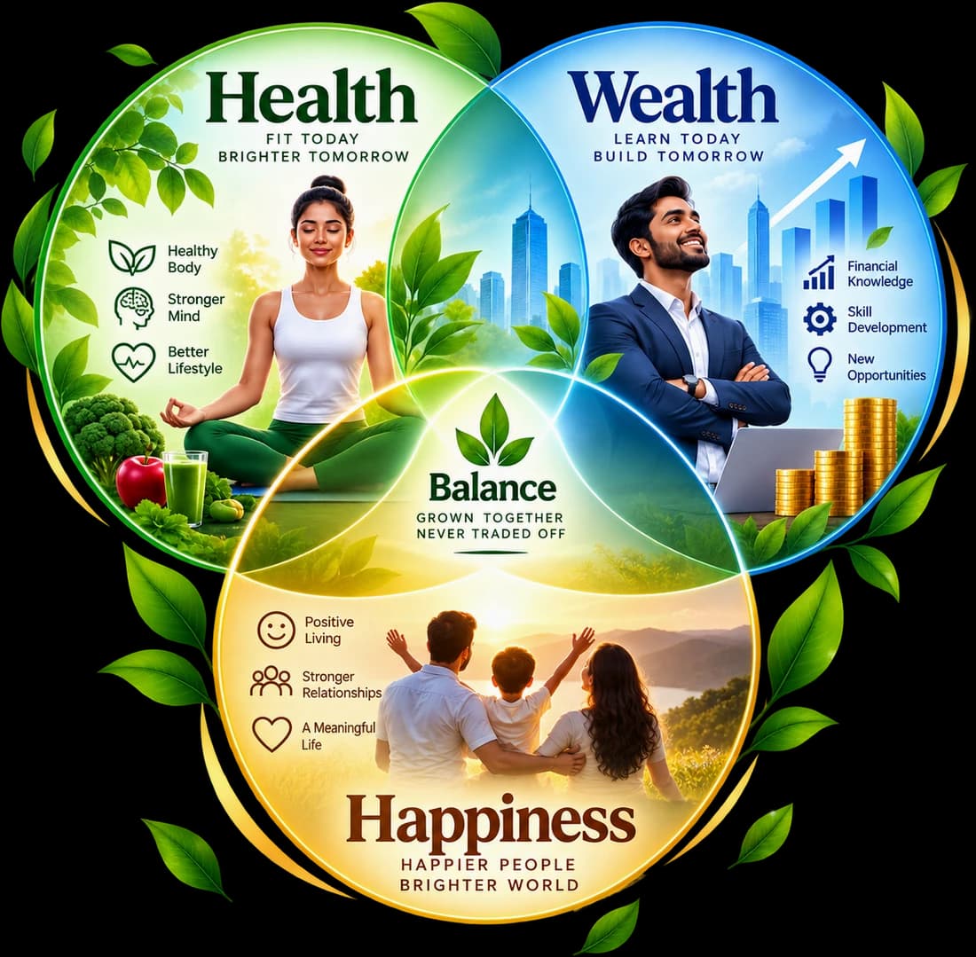 Health, Wealth and Happiness shown as three overlapping circles, with Balance at the centre where all three meet.