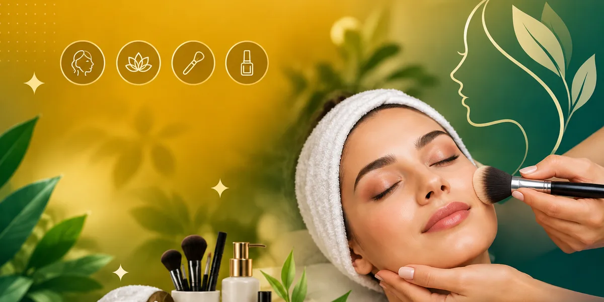A client receiving a facial treatment, surrounded by brushes, skincare products and towels.